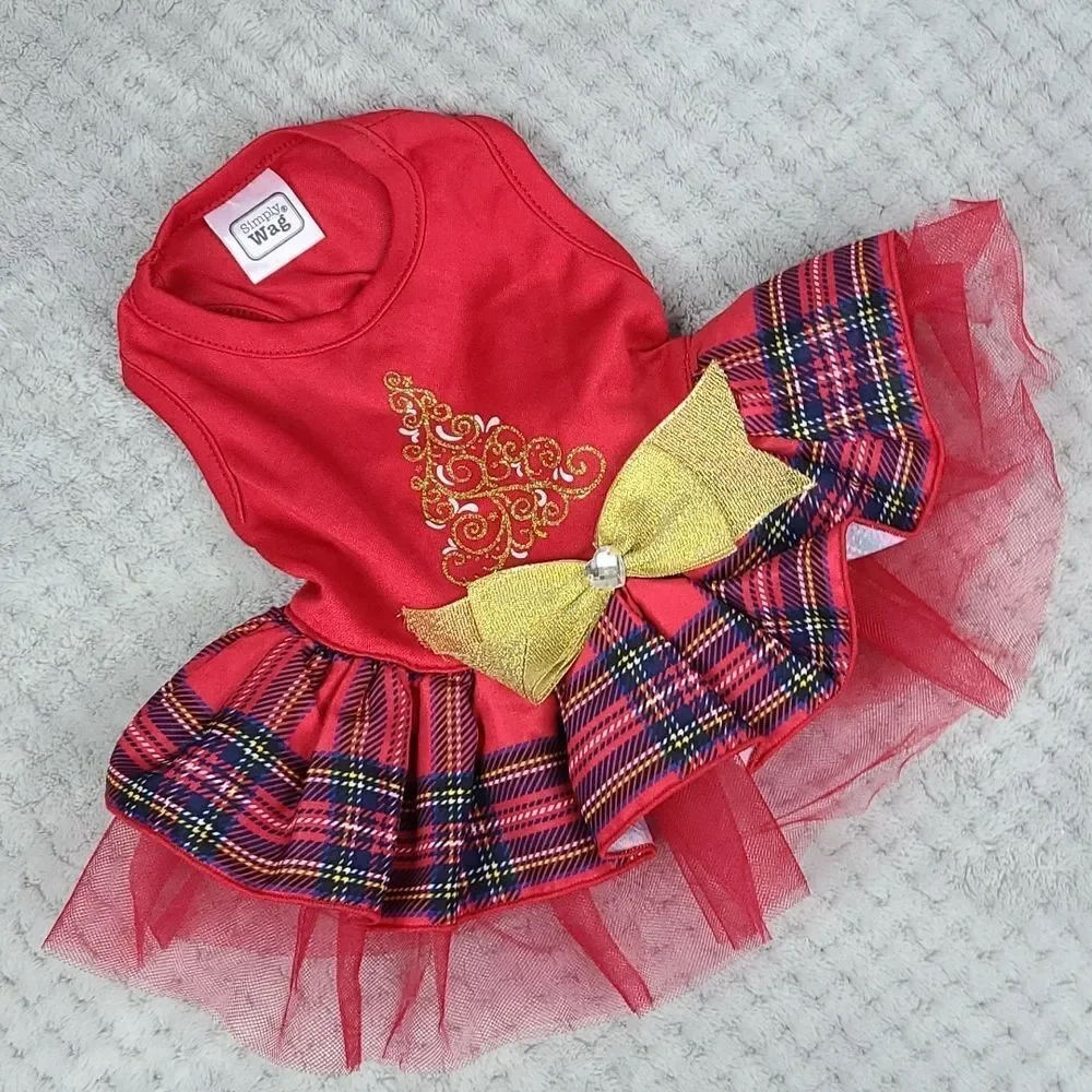 Pet Costume | Christmas Tree Tutu Dog Dress Red Plaid Glitter Bow Rhinestone XS